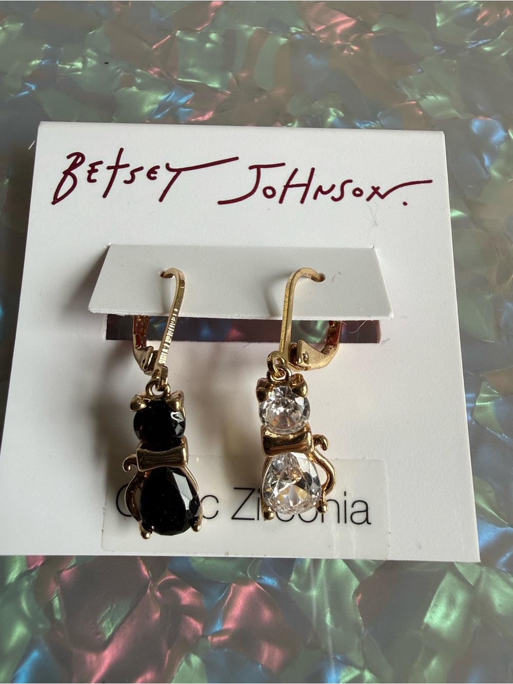 Betsey Johnson Gold Cat Drop Earrings with Black and Clear Stones